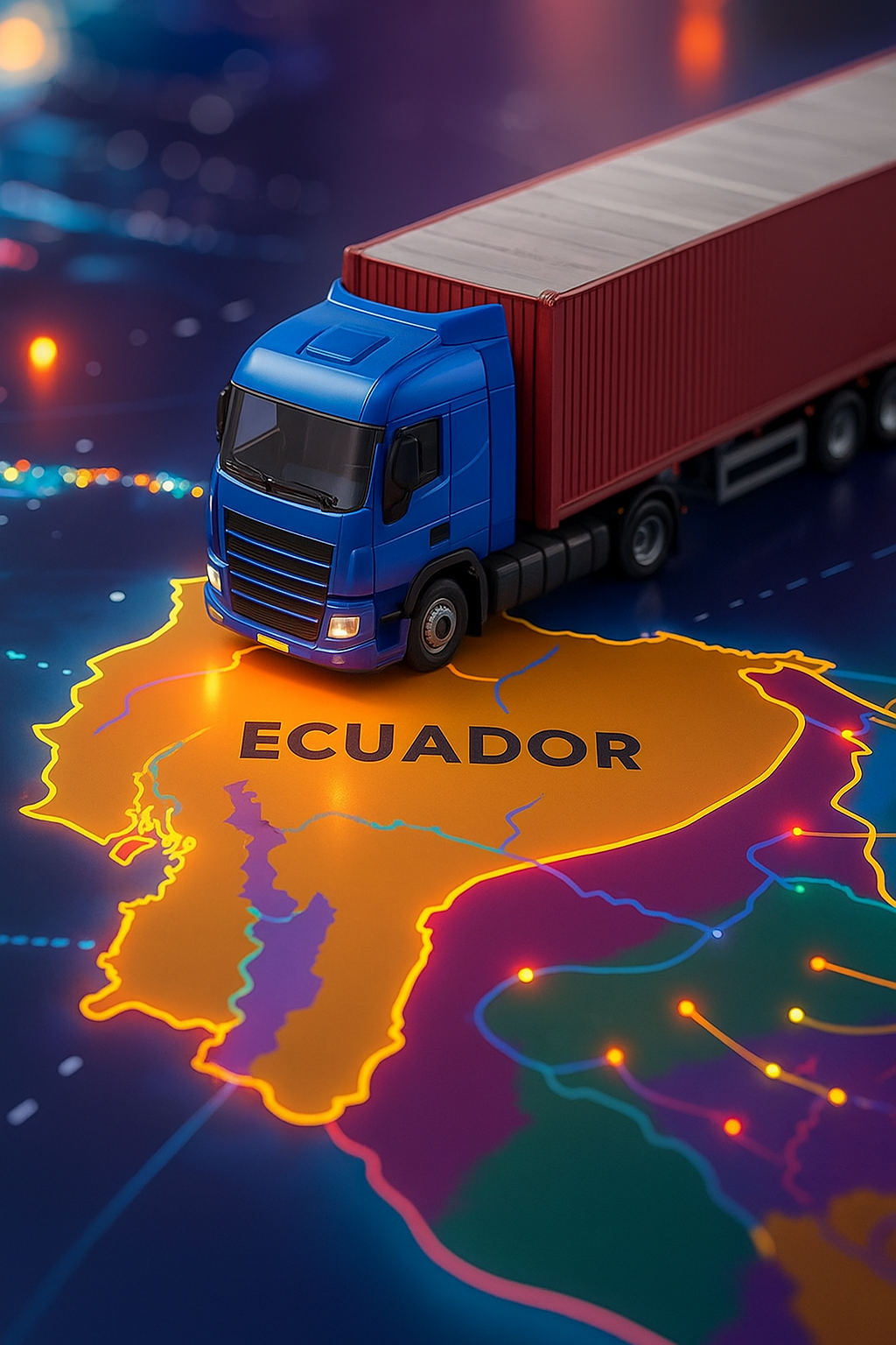 Camión Transmilenium con los colores de la bandera de Ecuador en carretera.